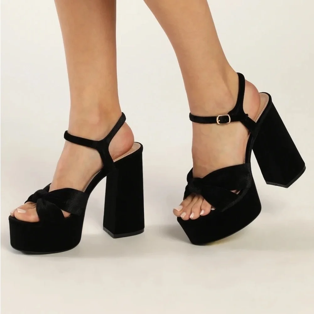 Falura Black Velvet Knotted Platform High Heel Sandals